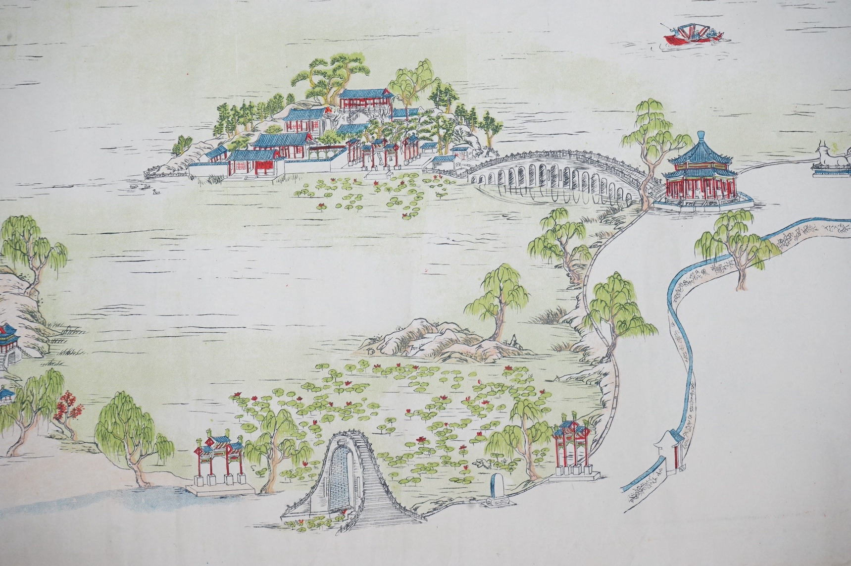 Two Chinese hand coloured scroll prints of Beijing Summer Palace, unframed. Condition - rips and creases to the edges
